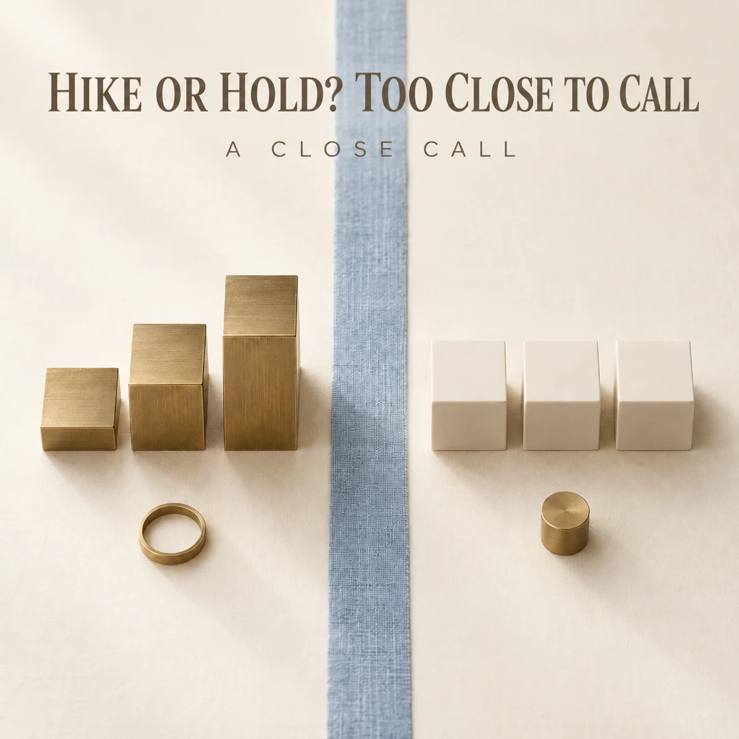 Two groups of blocks illustrate the close call between a rate hike and a hold