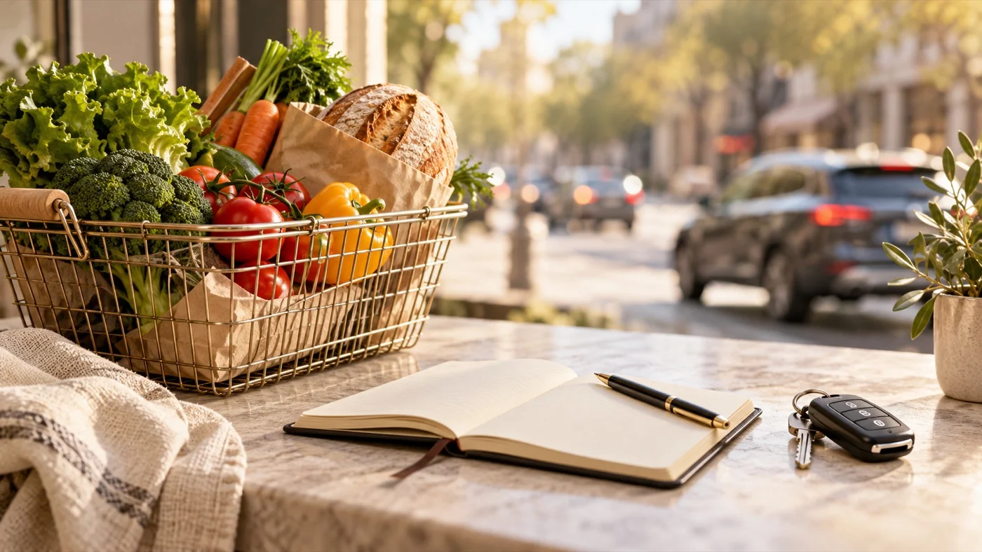 Groceries, a car key and a notebook representing food and commuting expenses