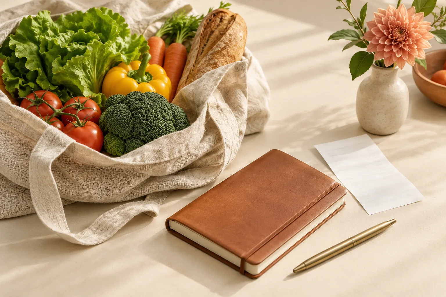 Groceries, a notebook and a receipt illustrating the cumulative cost of everyday purchases