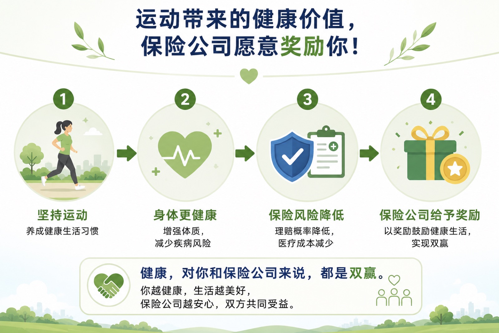 运动带来的健康价值，保险公司愿意奖励你 —— 坚持运动、身体更健康、保险风险降低、保险公司给予奖励