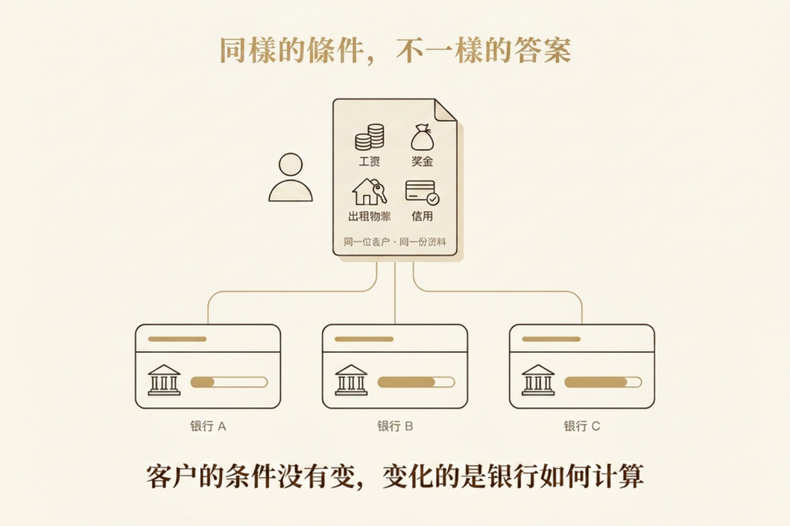 同樣的條件，不一樣的答案 —— 同一位客戶、同一份資料，不同銀行算出的額度可能不同