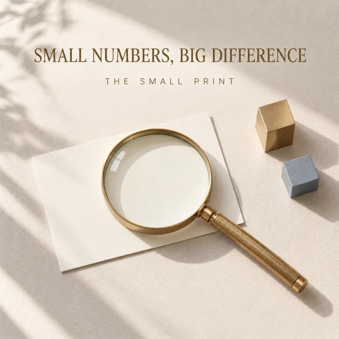 Magnifying glass and small geometric objects suggest that small details deserve attention