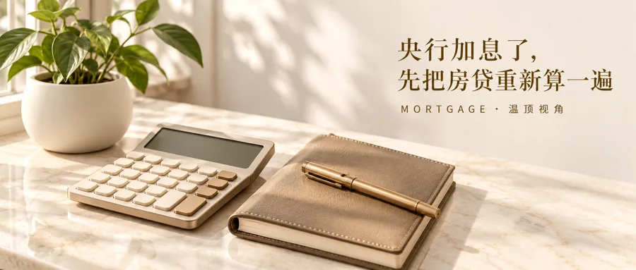 计算器、笔记本与钢笔摆在桌上,提示加息后重新审视房贷