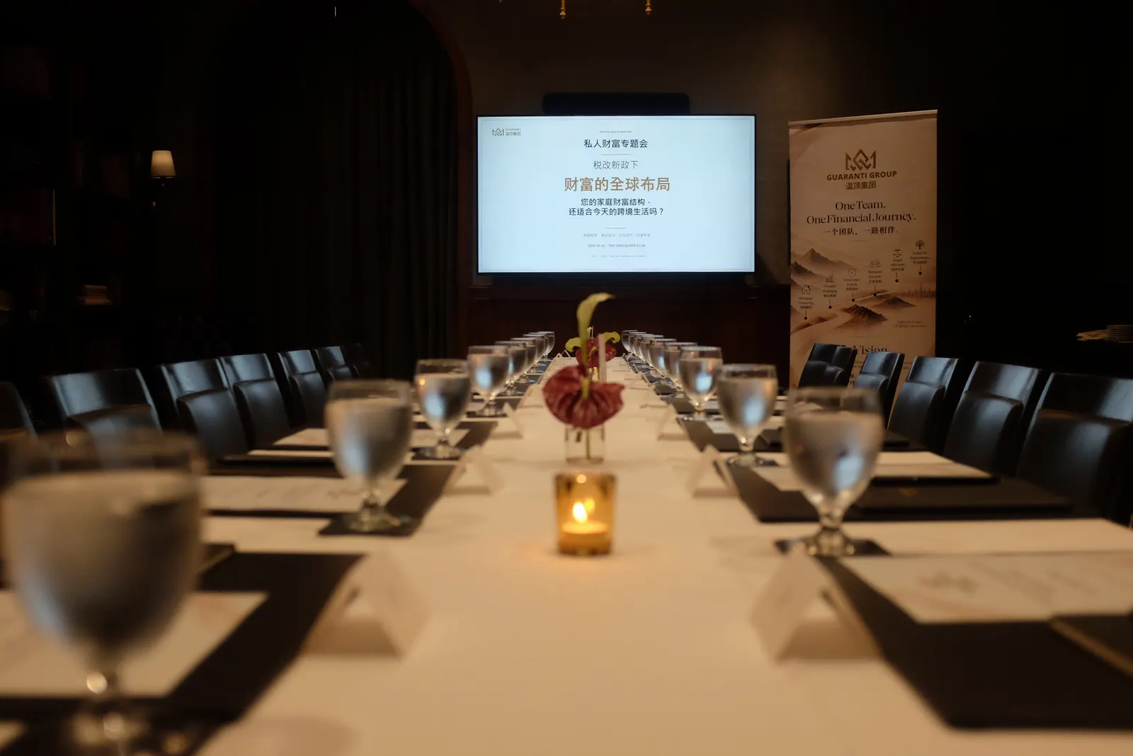An overview of the Private Wealth Briefing at The Vancouver Club, showing the chandeliers, wood panelling and meeting table