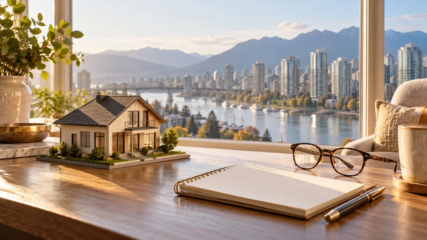 A model home and notebook overlooking Vancouver, illustrating the gap between housing plans and delivery