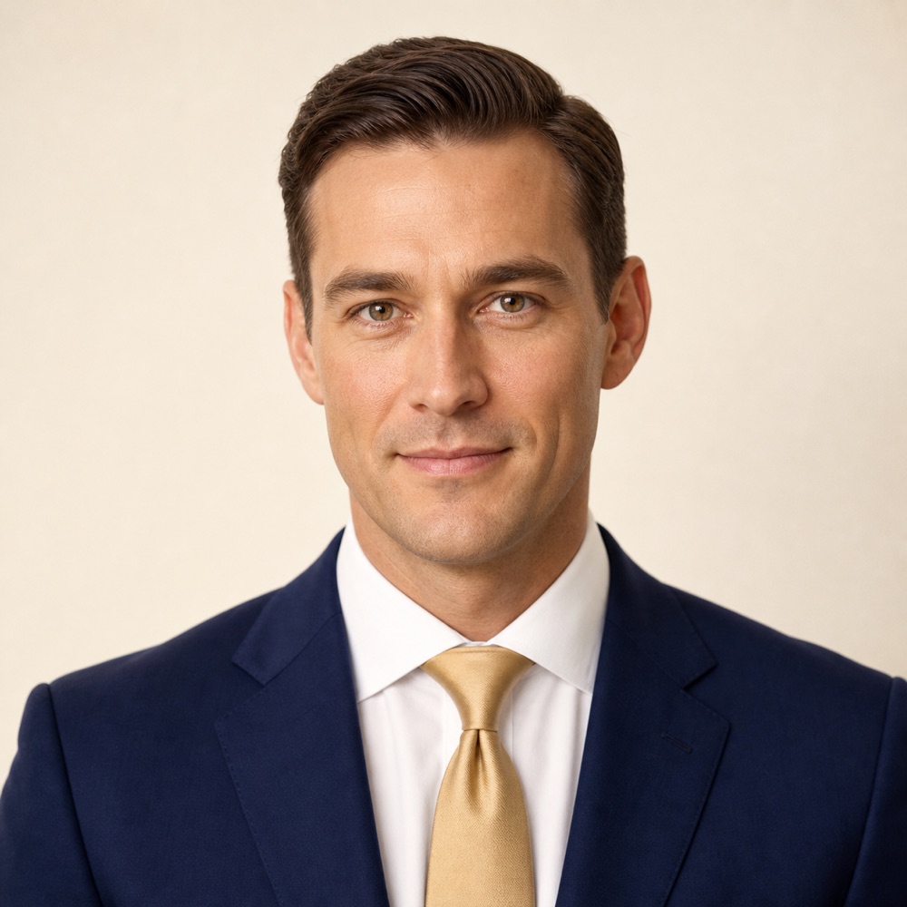 Portrait of Gary in a navy suit and gold tie