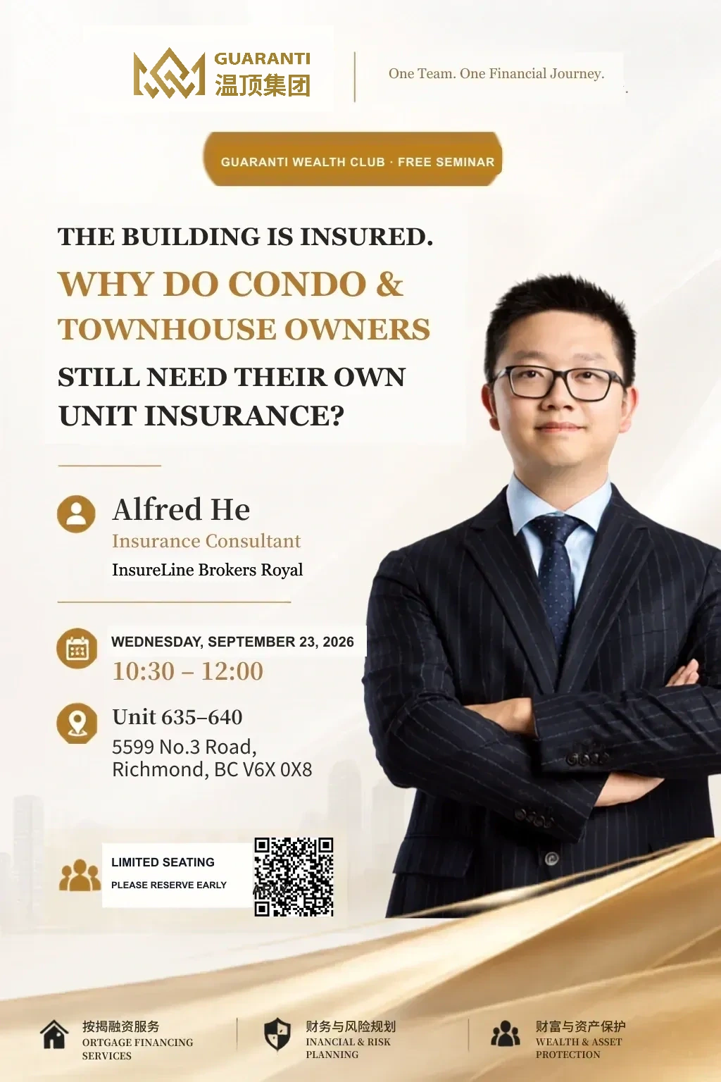 Condo and townhouse unit insurance seminar poster featuring Alfred He